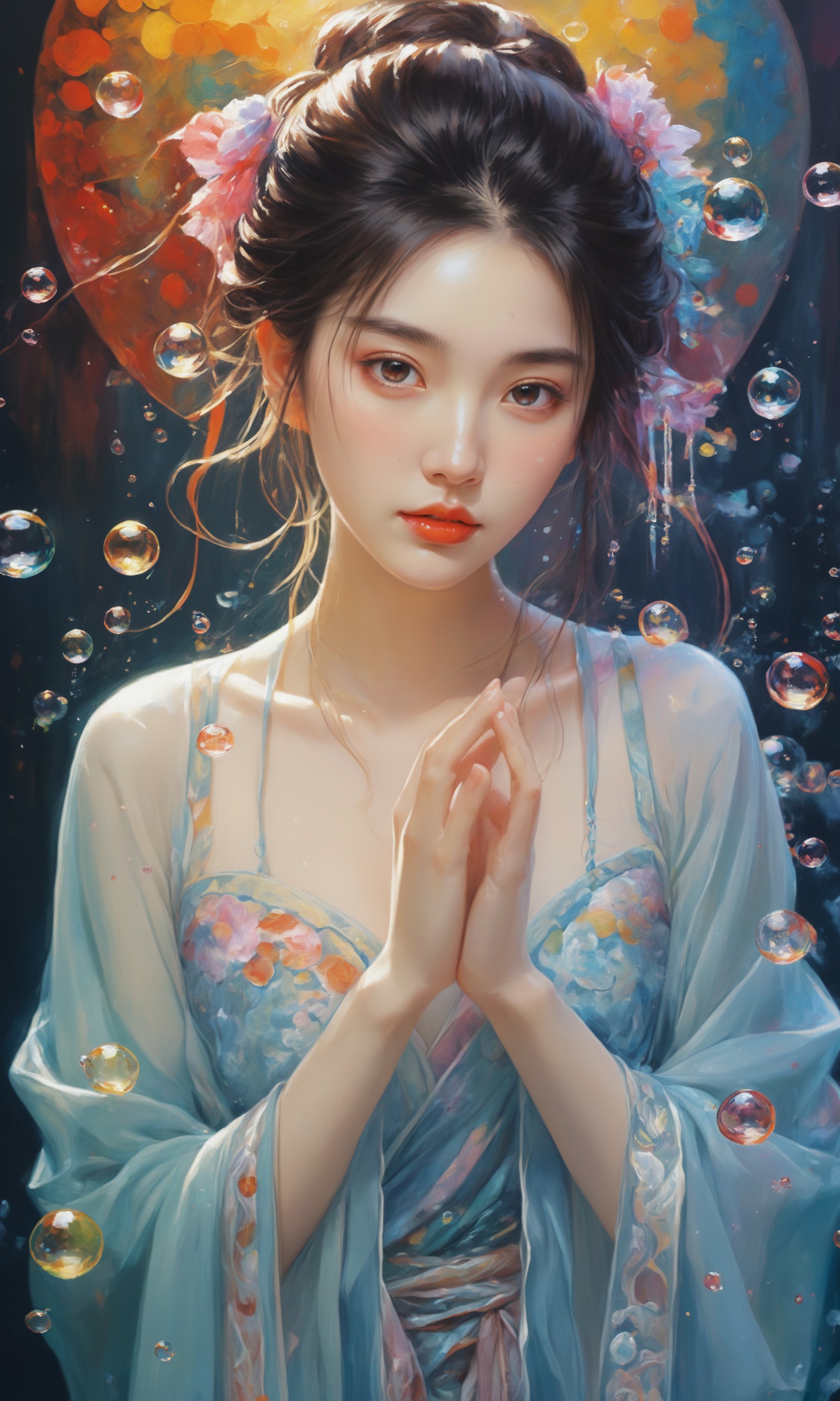 Colorful colors,surrounded by water bubbles,oil paintings painted in anime style,chinese girls,